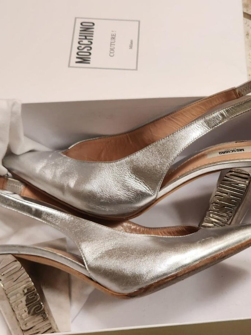Moschino Couture Silver Metallic Slingback Pumps Logo Heel Size 39 (US 9)